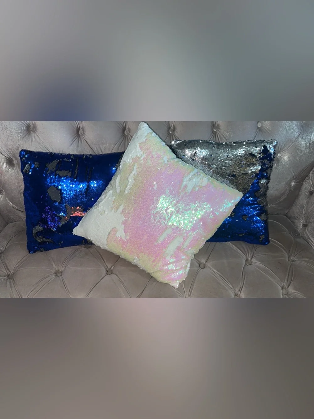 Set of 3 sequin Decorative Throw Pillow - Iridescent White/Pink & Navy/silver